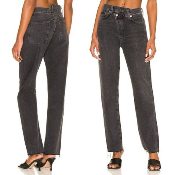 Agolde Criss Cross Straight Jeans in Shambles Black Wash Raw Hem Women’s Size 24 - Picture 10 of 16